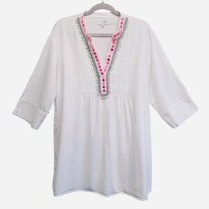 NVELOP cotton embroidered Pom Pom detail tunic dress cover up, size Large